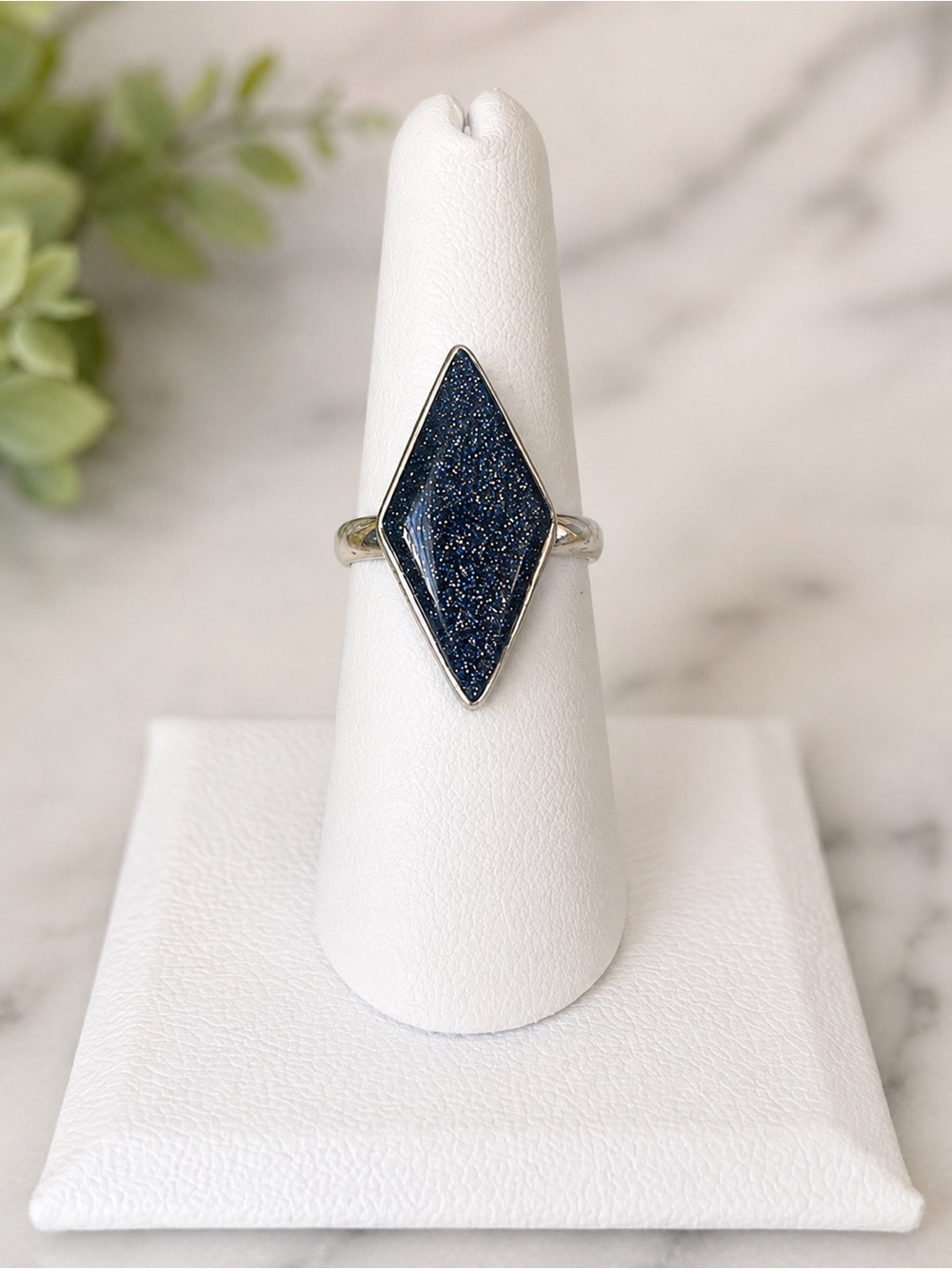 Blue Sandstone Diamond Shape Sterling Silver Ring - Size 7